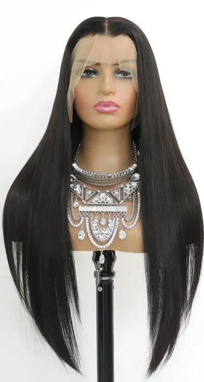 Two views of a black wig on a mannequin head with jewelry.