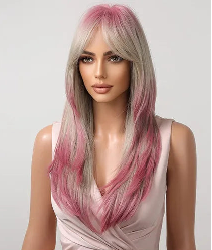 Woman wearing a pink and gray wig