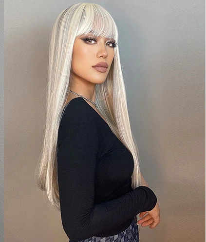 brand wig with long blonde hair styled in different ways.