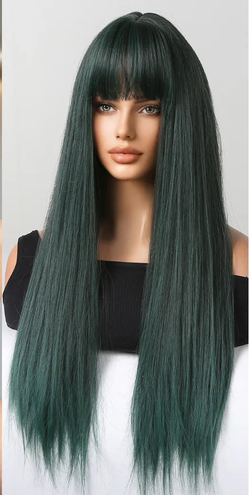 Green wig with bangs on a mannequin and a person